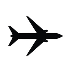 Black silhouette of a modern jet airplane in flight against a white background