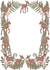 Spotted deer botanical folk illustration frame. Rectangle square isolated animal border for design. Cartoon nature forest plants background