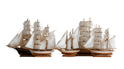 Vintage Sailing Ships Collection with Natural Canvas Sails and Wood in white background