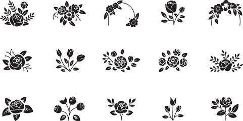 Elegant Rose Flower Bouquet Silhouettes Collection Vector Art for Floral Designs and Garden Projects