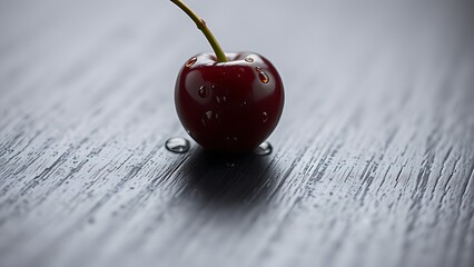 Close-up of ripe cherry with water droplets on dark wood and directional lighting.