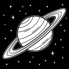 planet with rings against a black night sky dotted with white stars