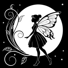 silhouette of a graceful fairy in the center of a circle resembling the moon