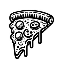 Black and white illustration of a slice of pizza placed diagonally