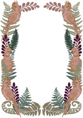 Tropical parrot illustration frame. Rectangle square isolated animal border for design. Cartoon nature forest plants background