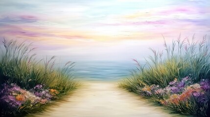 Pastel Beach Path at Sunrise, Coastal Scenery, Soft Colors