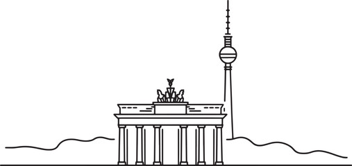 Berlin Skyline Silhouette Vector Illustration with Brandenburg Gate and TV Tower on Transparent Background