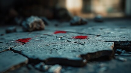 Cracked concrete floor with red stains, abandoned building in the background. Possible use crime scene, disaster