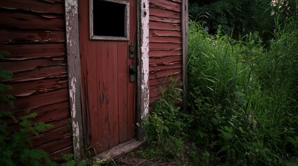 Weathered red shed door in overgrown yard