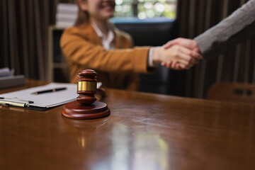 Lawyer Handshake in Business Meeting, Agreement and Partnership, Hammer of Justice,
