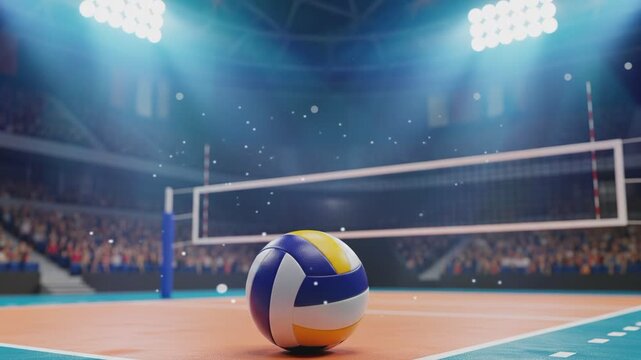 volleyball on the floor of a volleyball court in a stadium with lighting effects
