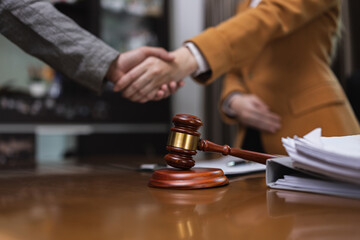 Lawyer Handshake in Business Meeting, Agreement and Partnership, Hammer of Justice,
