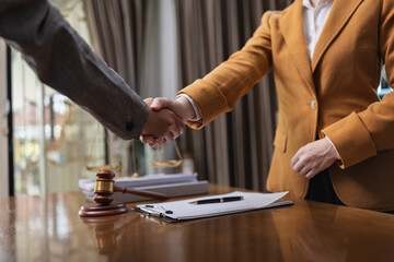 Lawyer Handshake in Business Meeting, Agreement and Partnership, Hammer of Justice,
