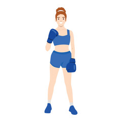Confident Female Boxer in Blue Gear. Flat vector illustration isolated on white background