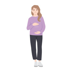 Pregnant Woman Smiling with Hands on Belly. Flat vector illustration isolated on white background