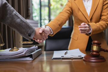 Lawyer Handshake in Business Meeting, Agreement and Partnership, Hammer of Justice,
