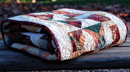 Folded patchwork quilt on weathered wood, autumnal background
