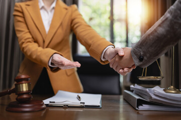 Lawyer Handshake in Business Meeting, Agreement and Partnership, Hammer of Justice,
