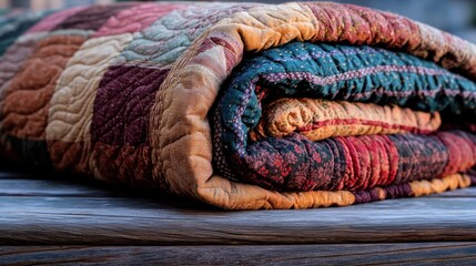 Rolled patchwork quilt on wooden outdoor table, warm evening light