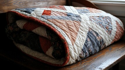 Folded quilt on wooden bench near window
