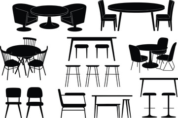 Cad drawing flat vector illustration, modern furniture silhouette collection, chairs, stools, tables, interior decor, stylish layout, black shapes, vector graphic