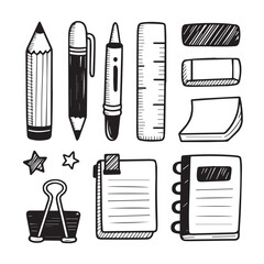 Obraz premium Hand drawn school supplies including a pencil, pen and notebook