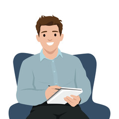 Smiling Man Sitting and Writing on a Notepad. Flat vector illustration isolated on white background
