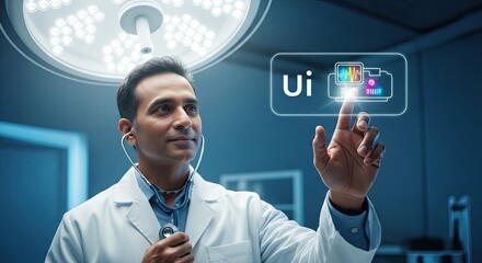 Doctor using a futuristic interface to analyze medical data