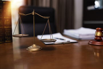 Justice scales on conference table, law,