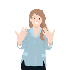Woman smiles warmly while holding both hands open in a welcoming or expressive gesture. Flat vector illustration isolated on white background