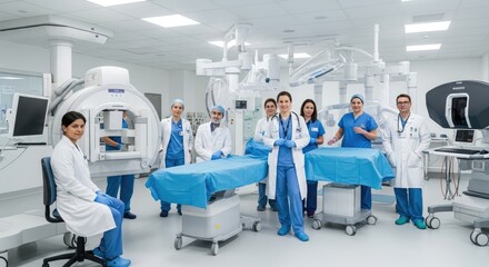 Obraz premium A diverse medical team of doctors and nurses in a modern operating room