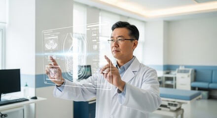 Physician analyzing medical data on a futuristic holographic display