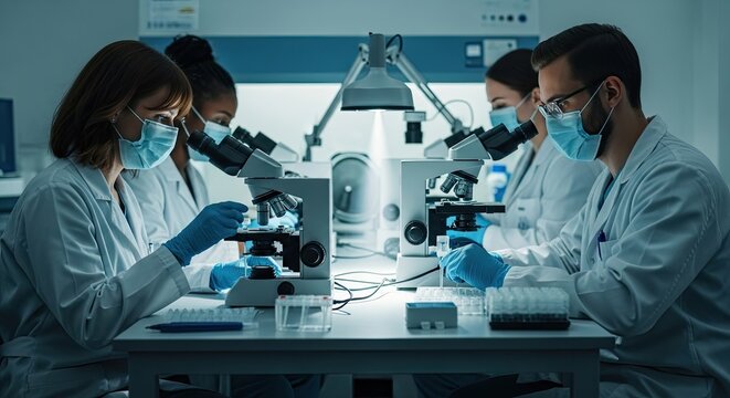Scientists working together in a modern laboratory with microscopes