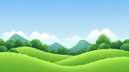 Obraz premium Serene landscape featuring rolling green hills, lush trees, and distant mountains under a clear blue sky with fluffy white clouds