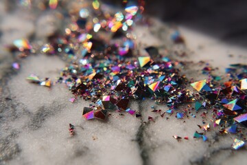Glittering shards scatter on stone, creating shimmering texture for arts and crafts