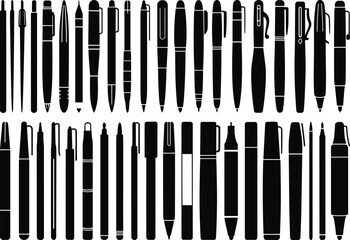 Cad drawing flat vector illustration, pen and pencil silhouette collection, stationery, office tools, artistic design, black and white vector art