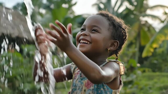 A joyful child happily plays with abundant clean water flowing from a natural outdoor source. This pure water is a precious, essential resource for life.