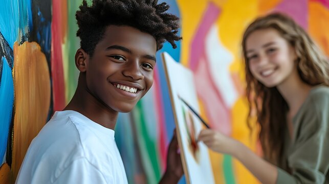 Smiling Teen Painter with Canvas Beside Friend in Colorful Art Studio Together