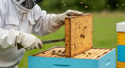 Beekeeper Opening a Beehive to Inspect Honeycombs