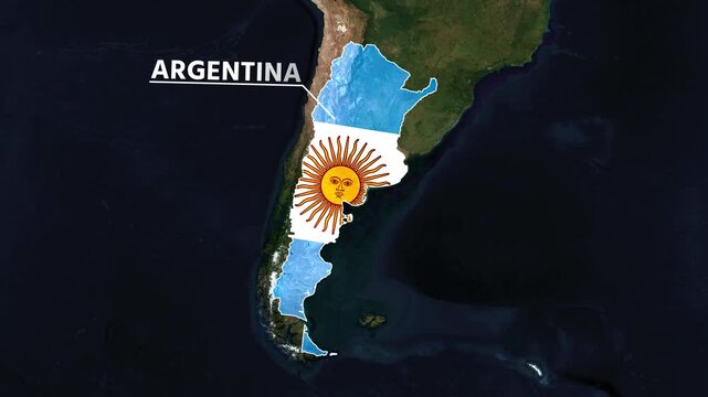 Zoom from Earth to Argentina. (Country Flag) World map animation with highlighted country borders. Satellite 3d world map animation highlights aerial views, tourism, and travel. 4k