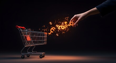 Online Shopping: A Hand Adding Currency Symbols Into a Shopping Cart