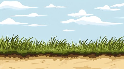 Obraz premium Sunny day landscape with lush green grass and sandy ground, set against a clear blue sky with fluffy white clouds