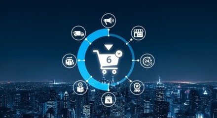 Fototapeta premium E-commerce process visualization with shopping cart and city skyline at night, representing online business and logistics