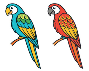 Colorful cartoon parrots perched on branches depicting tropical birds in vector illustration.