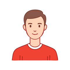 Illustration of a young man with brown hair wearing a red shirt smiling for a portrait view avatar