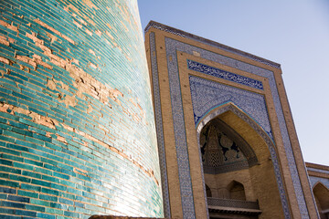 Detail of ceramic tiles on Minor Minaret and its entrance portal, Khiva, Uzbekistan