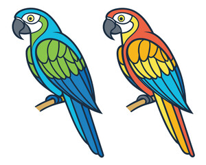 Two colorful macaw parrots perched on branch in flat vector illustration style