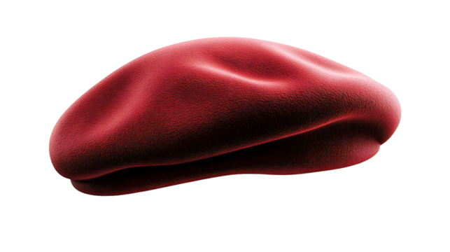 Detailed microscopic red blood cell rendering with distinctive biconcave shape shown on transparent background