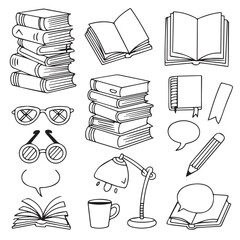 Collection of hand-drawn school and study elements including books, glasses, and a desk lamp.
