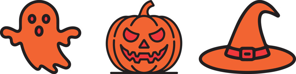 Halloween Icons Set with Ghost Pumpkin and Witch Hat
